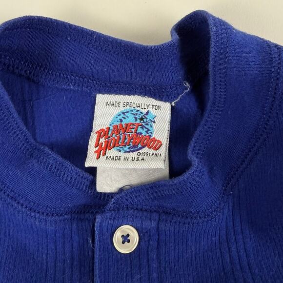 Vintage Planet Hollywood Lake Tahoe Blue Ribbed Henley Short Sleeve Shirt Medium - Picture 5 of 7